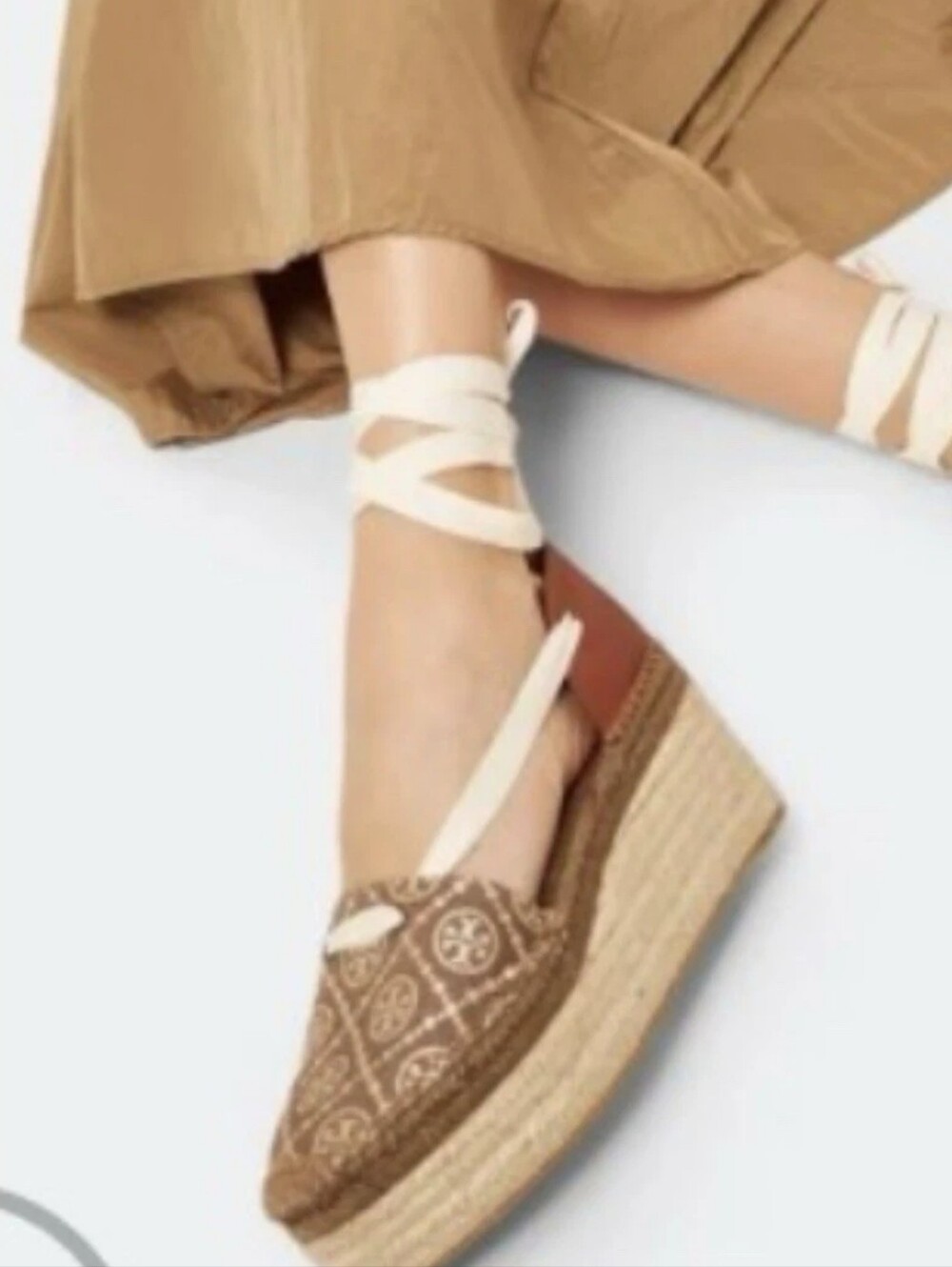 Tory Burch T-Monogram Espadrille Wedge Platform Ankle Tie Logo Brown Canvas Sz 8